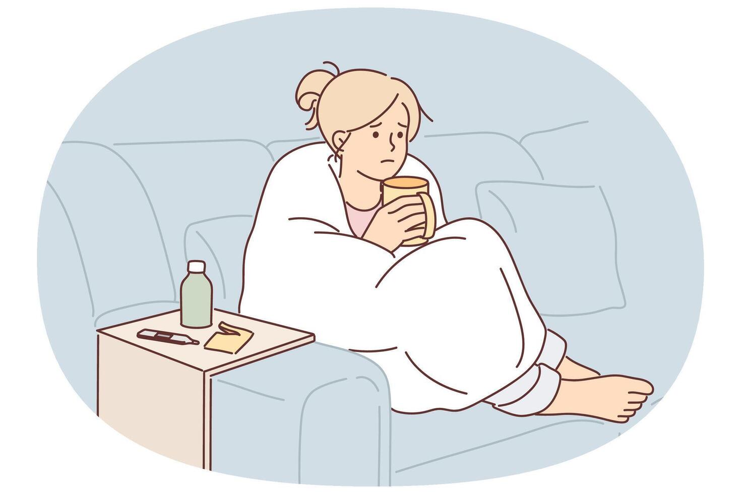 Woman sick with flu wrapped in blanket sits on couch and drinks hot decoction of herbs vector