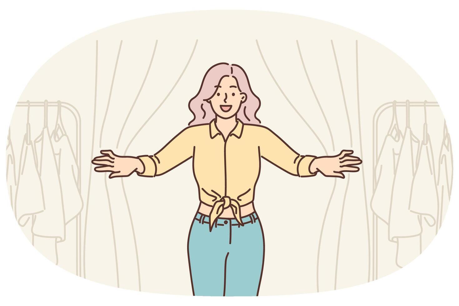 Woman looks out of fitting room in clothing store while shopping and choosing new look vector