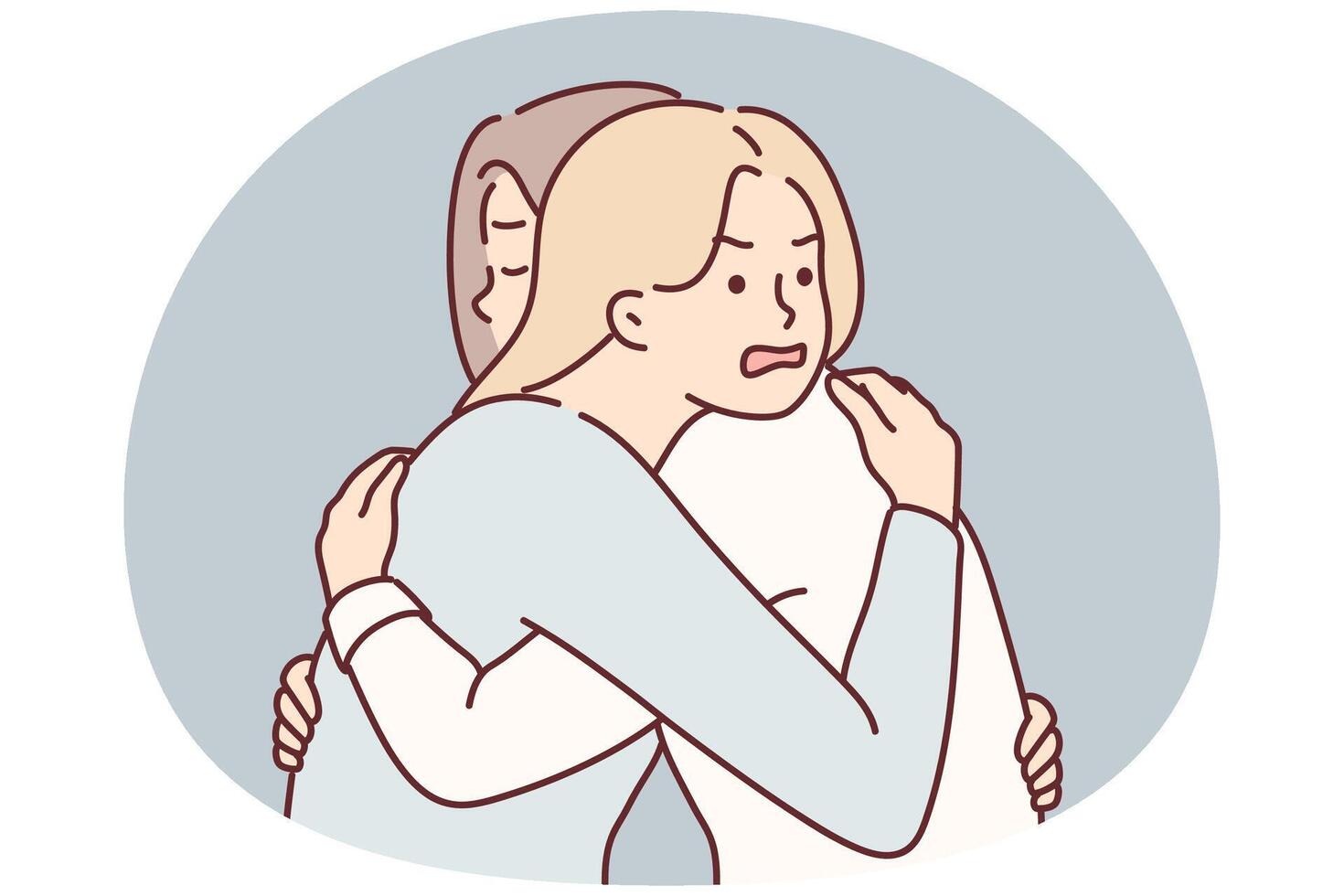 Woman with angry expression hugs girl friend hiding envy or jealousy in order to deceive vector