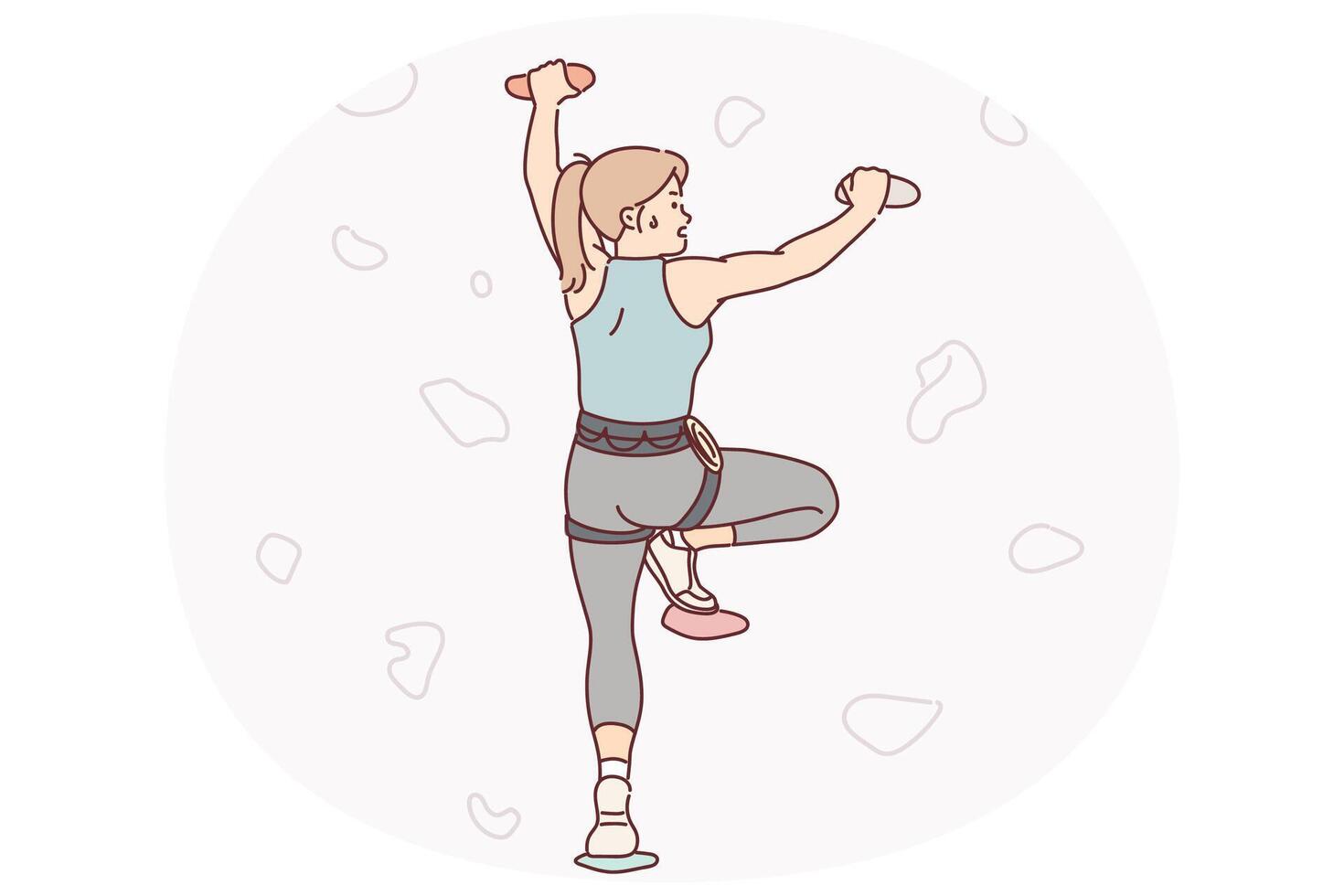 Woman climber is training to swarm up artificial stone wall, wanting to conquer new peak vector