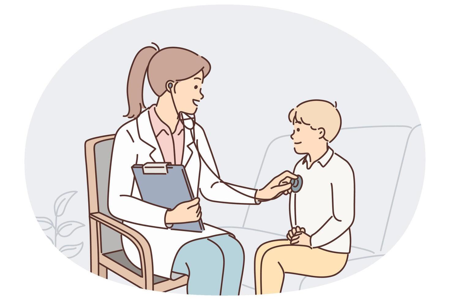 Woman pediatrician uses stethoscope listening to heartbeat of child during pre-school checkup vector
