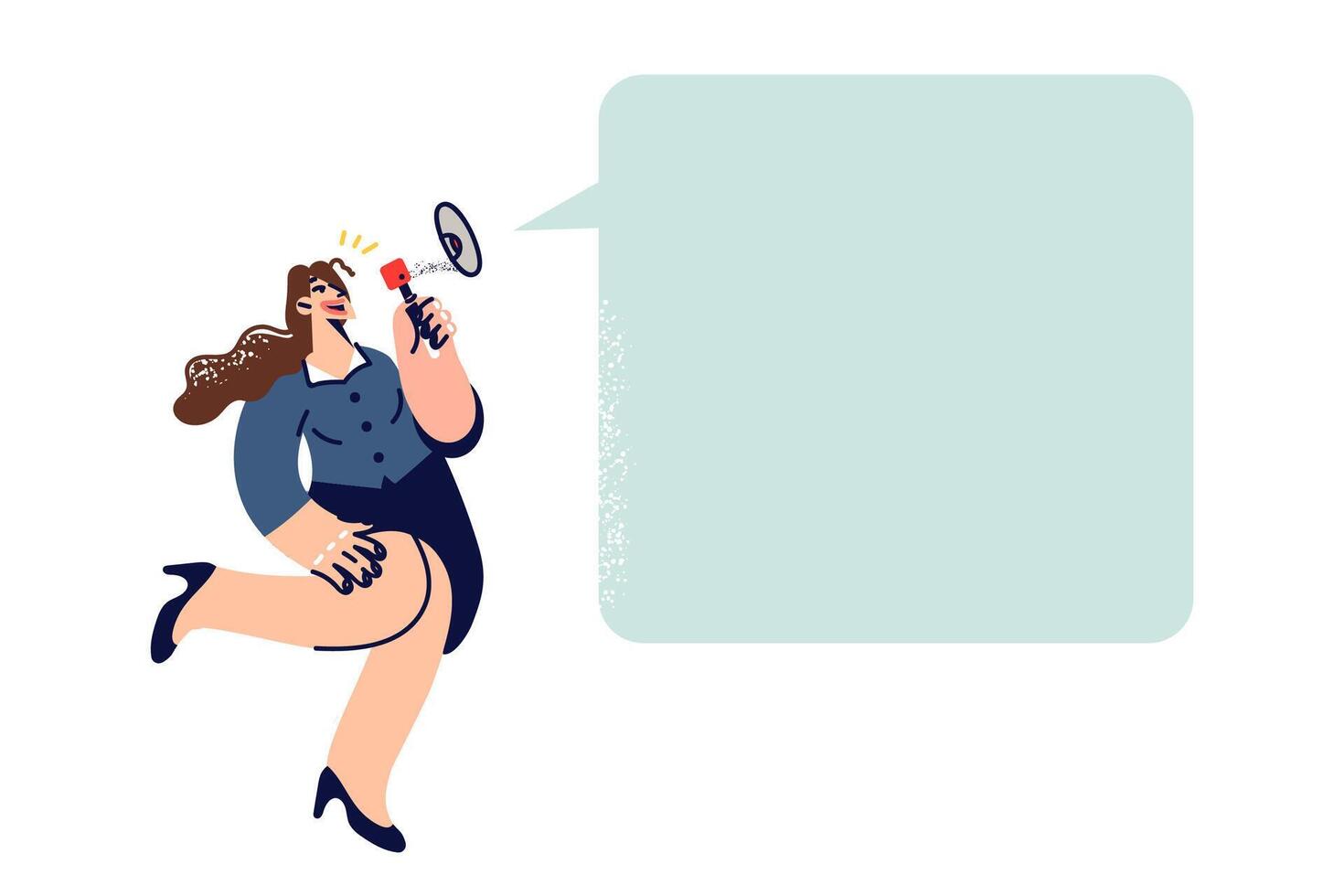 Woman promoter shouts into megaphone, making announcement, standing near empty speech bubble vector
