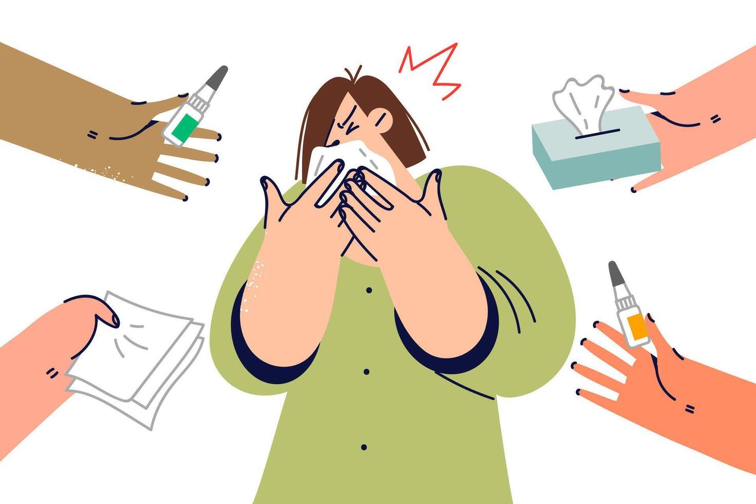 Woman with runny nose uses handkerchief, standing near hands offering medicine or paper napkins vector