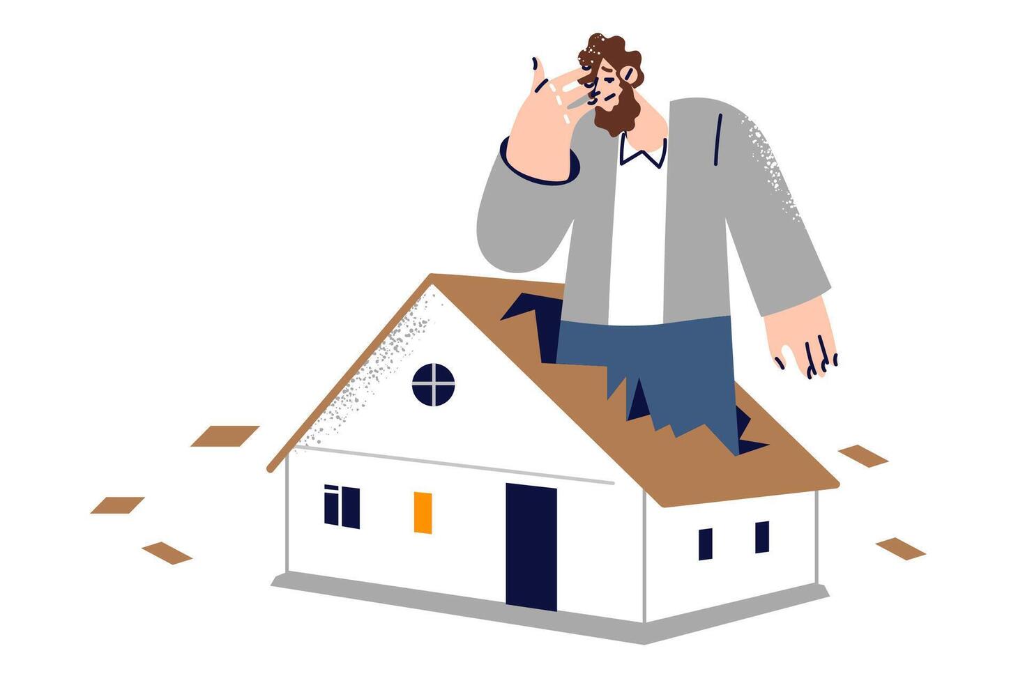 Man worried about insufficient size of housing, stands inside fire in broken roof of small house vector