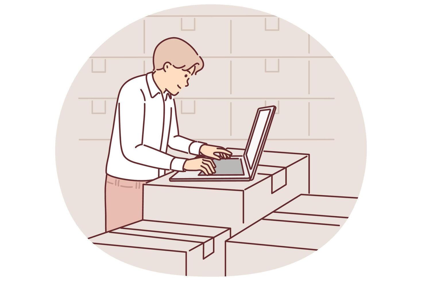 Man with laptop works in warehouse, standing near boxes, auditing availability of goods in storage vector