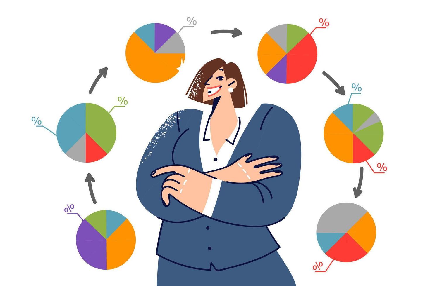 Woman statistician stands among business charts with changing data showing positive changes vector