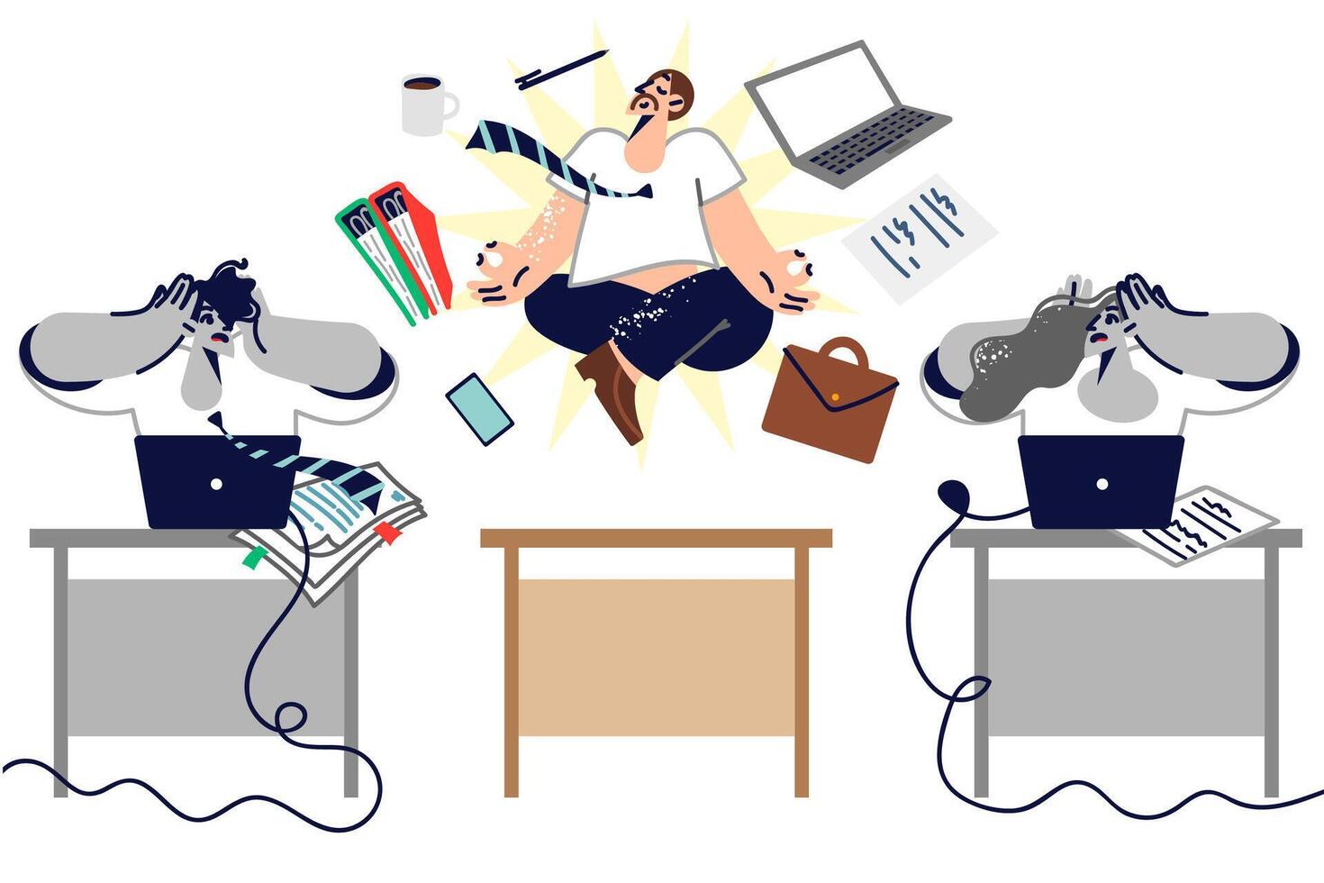 Man office worker meditation at workplace levitating during yoga class near shocked colleagues vector