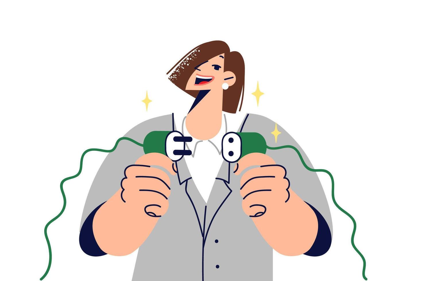 Woman with electric wire symbolizing concern for environment and desire to obtain green energy vector