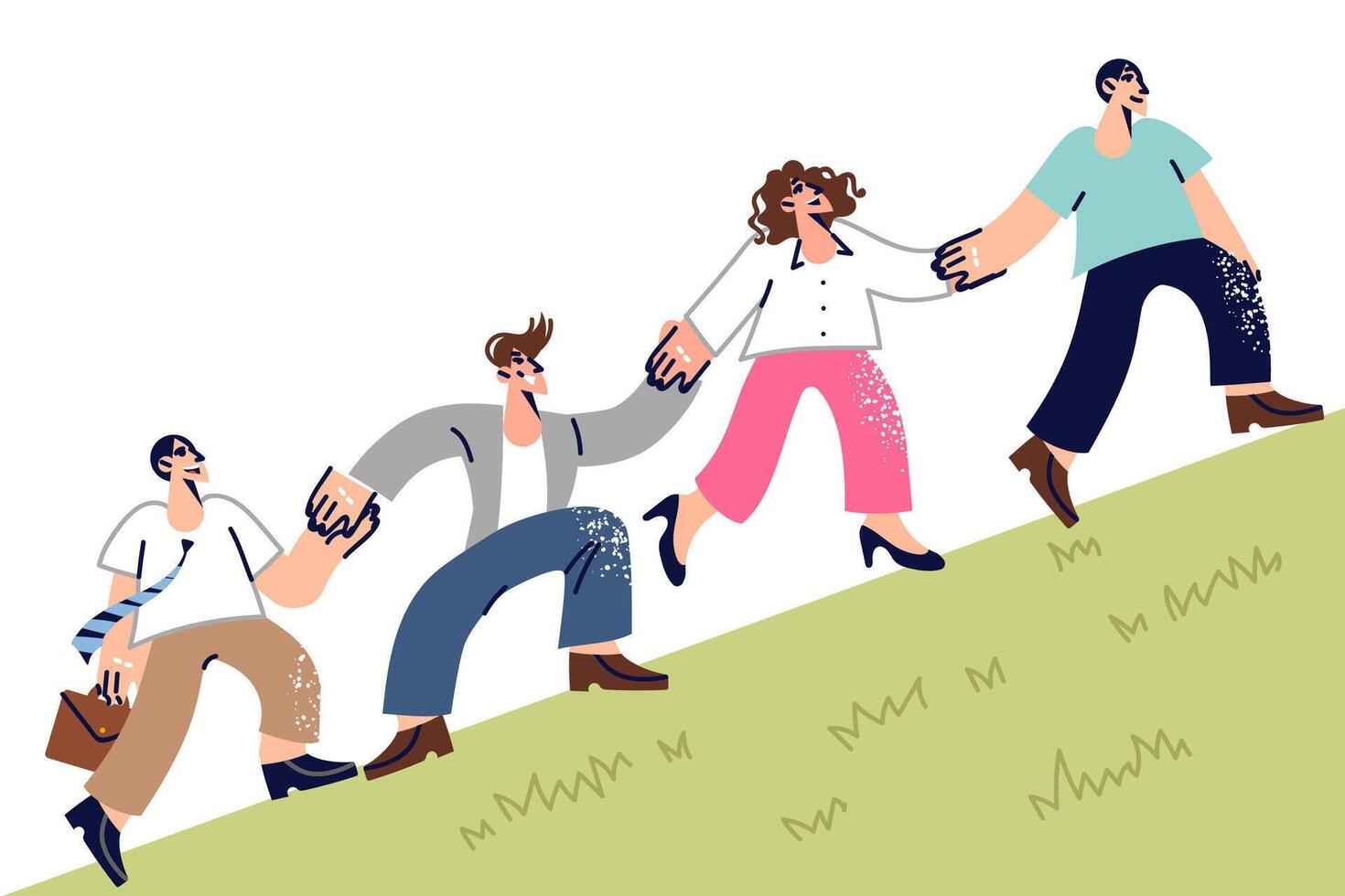 Friendly team of office workers climb hill together and hold hands, demonstrating teamwork skills vector