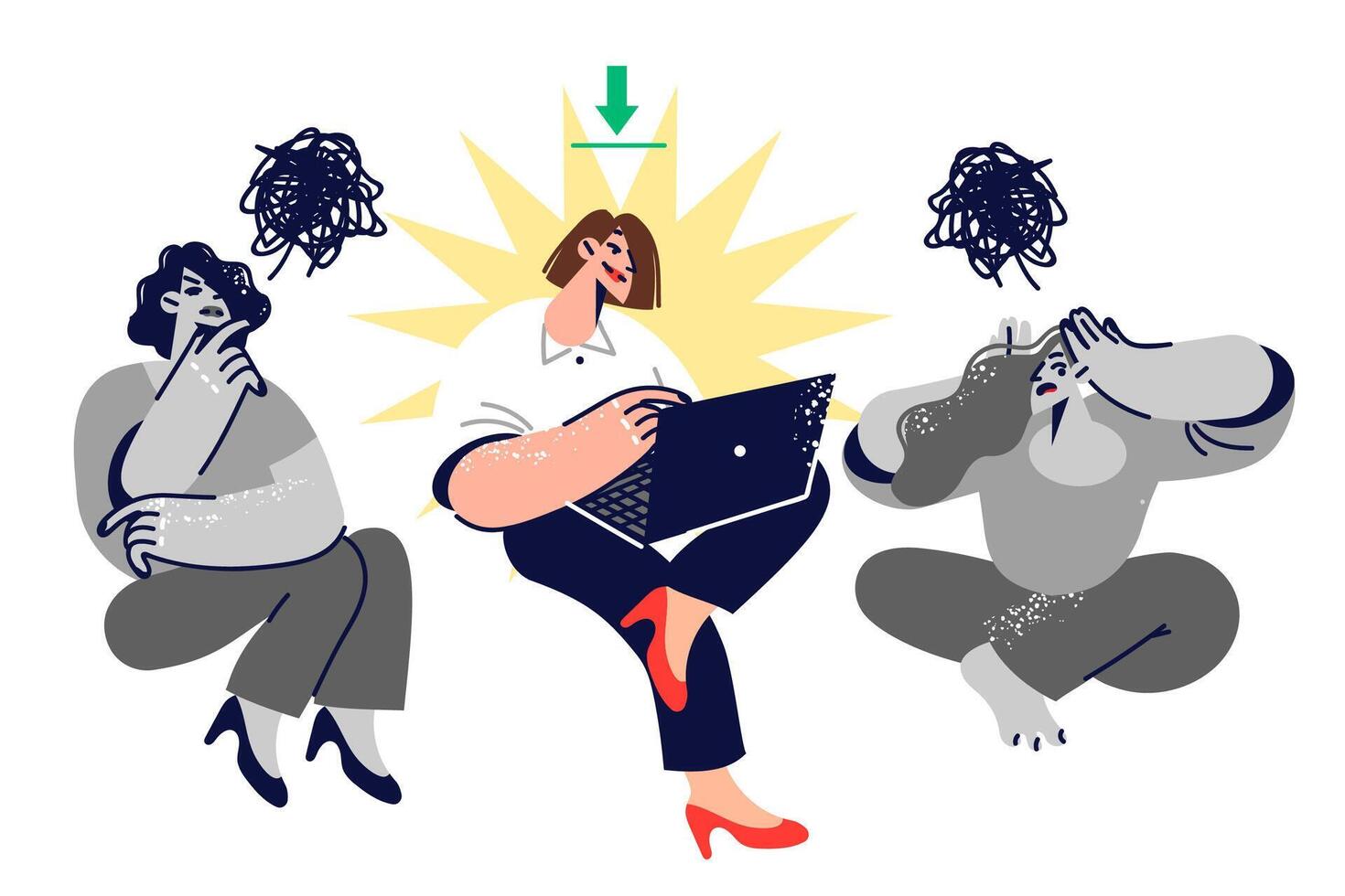 Woman with leadership qualities works with laptop, sitting with two unlucky colleagues vector