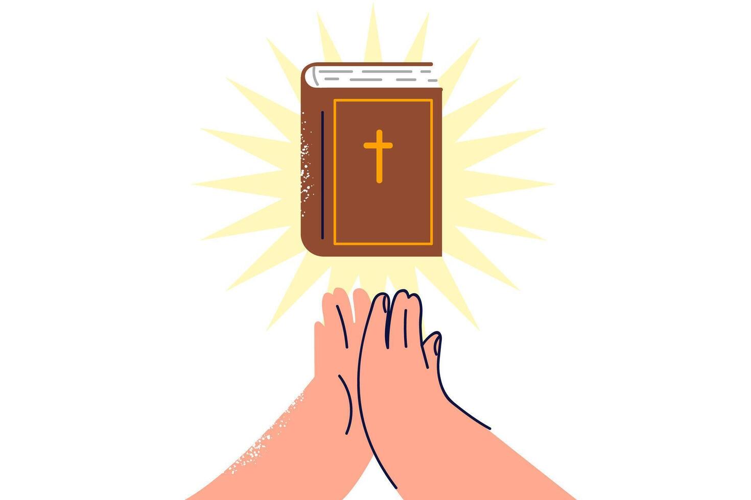 Bible with rays of light near hands of praying man who professes christian religion vector