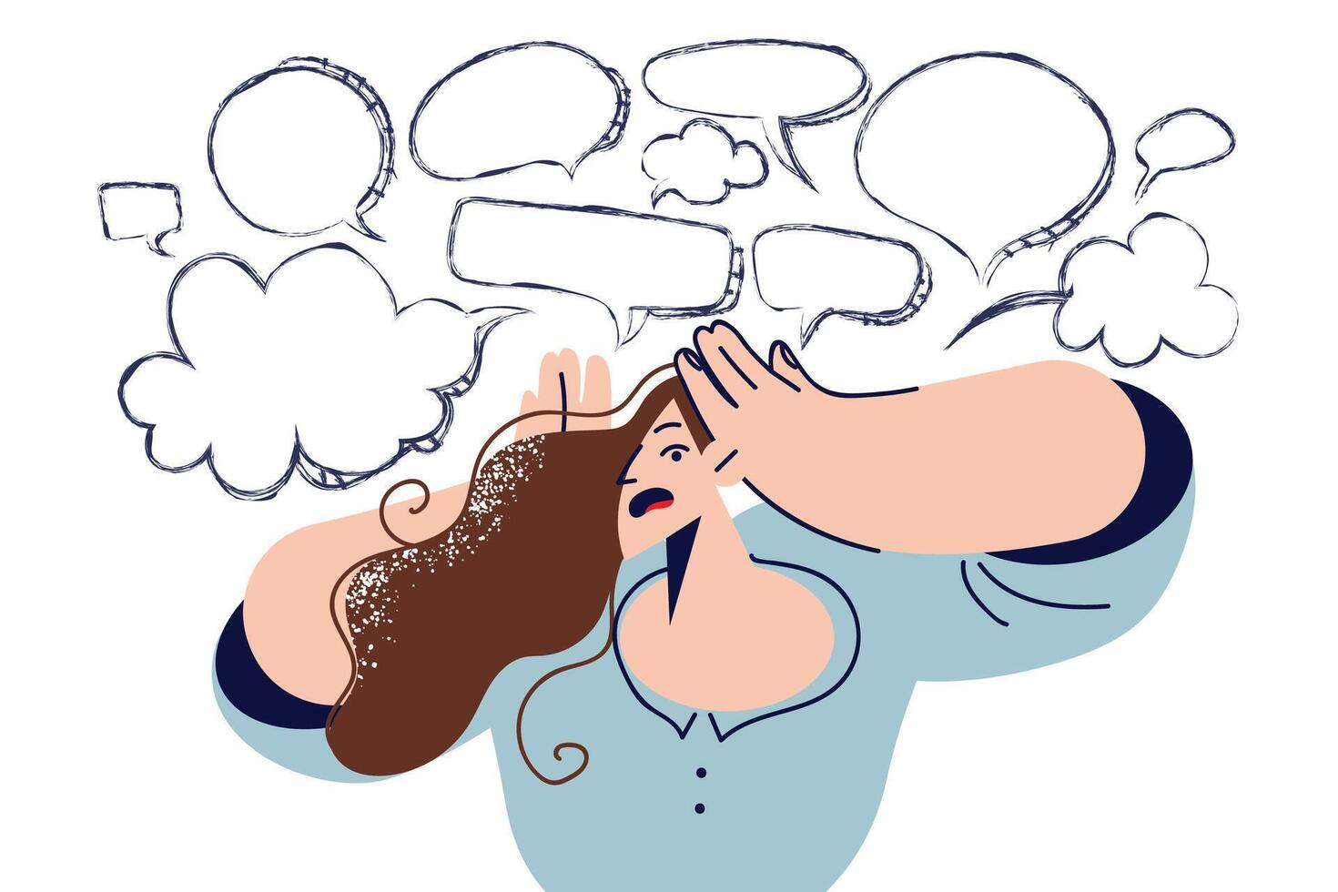 Overabundance information causes headaches in woman clutching head, standing under dialogue clouds vector