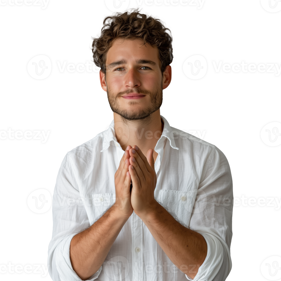 Young man in white shirt with hands in prayer position png