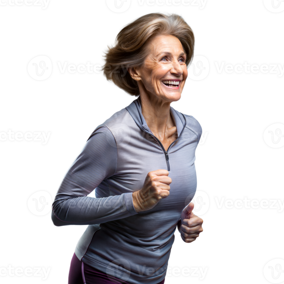 An older woman running in front of a transparent background, displaying her active and energetic lifestyle. png