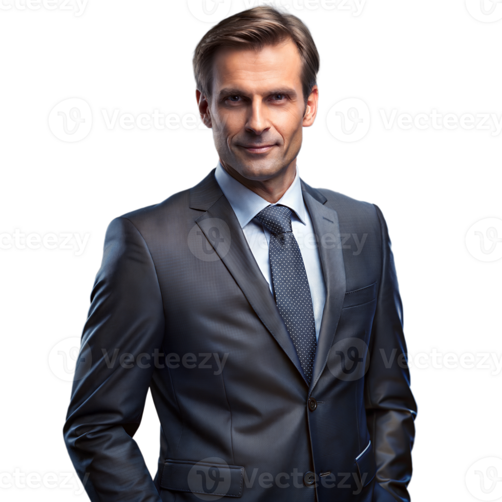 Businessman in suit and tie on transparent background poses for portrait png