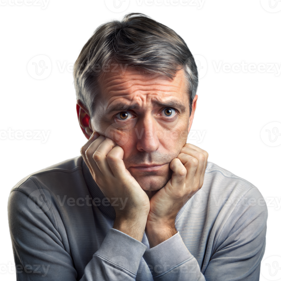 Pensive man with hands on cheeks against transparent background png