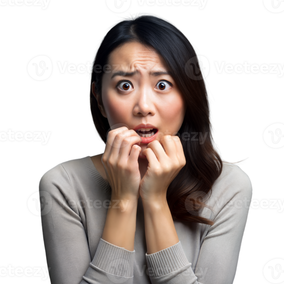 Woman expressing shock and concern against transparent background png