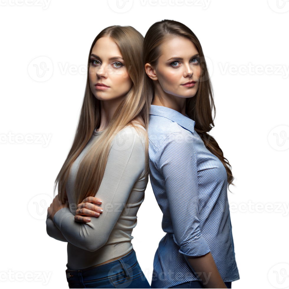 Two friends stand with their backs touching each other on a transparent background. png