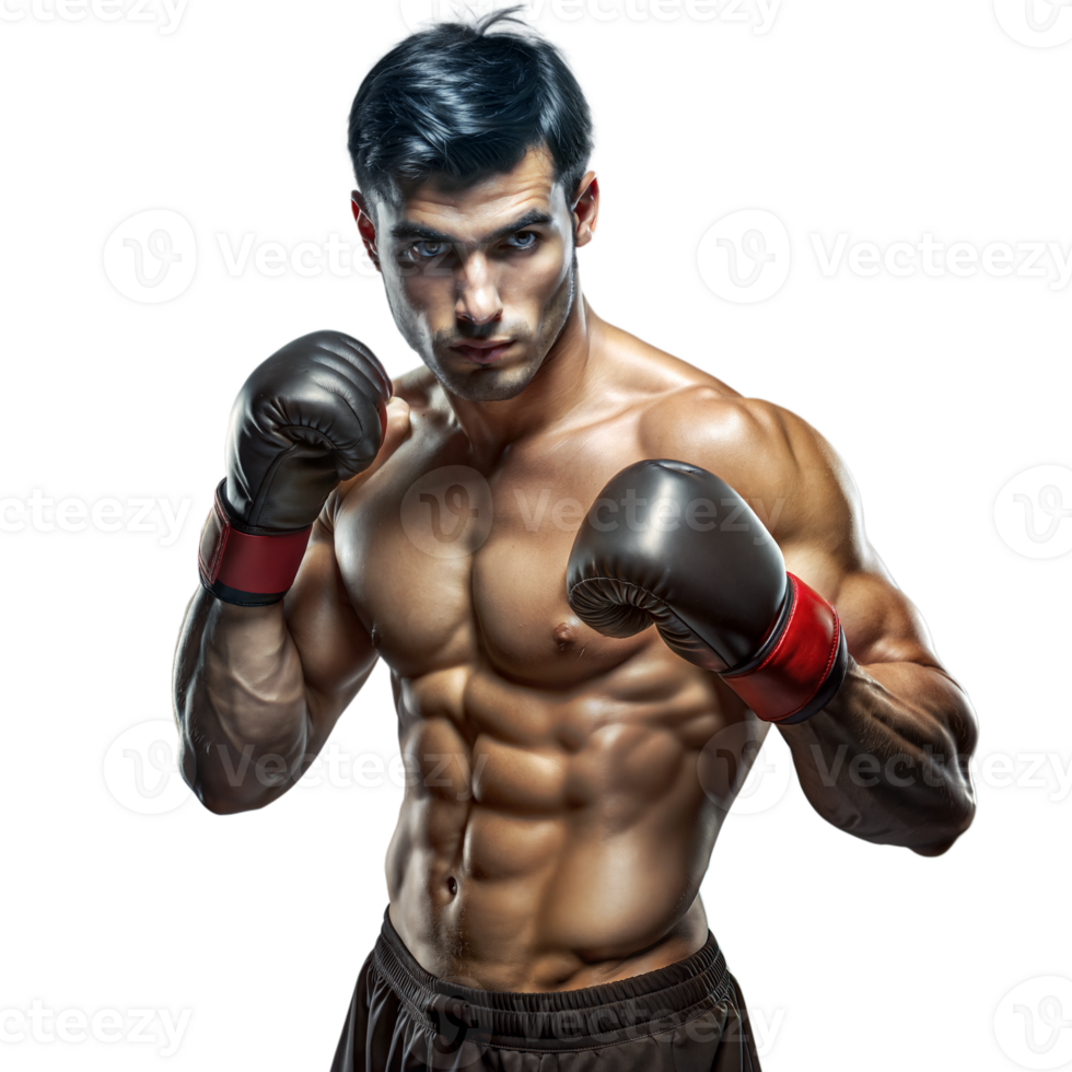 masculino Boxer Listo a ataque en luchando postura en transparente antecedentes png