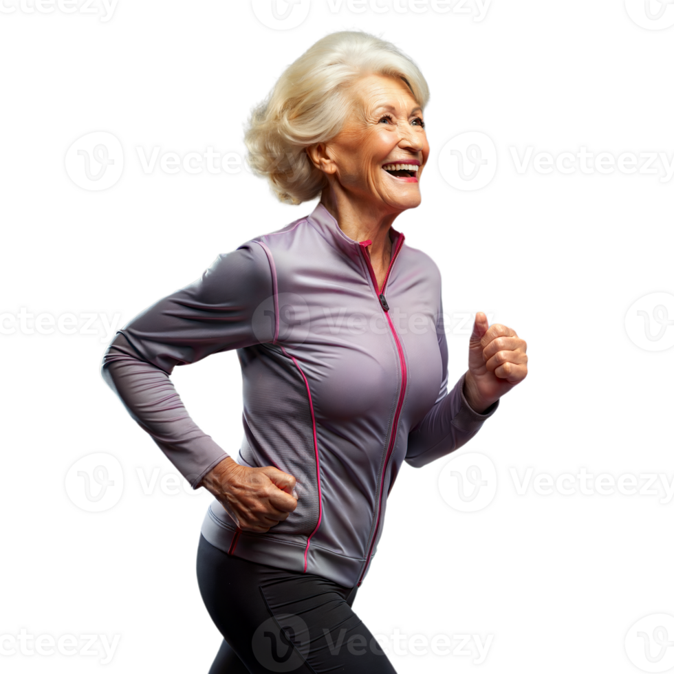 An older woman running in front of a transparent background, displaying her active and energetic lifestyle. png