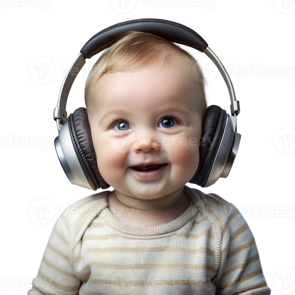 Smiling Baby With Headphones on Transparent Background png