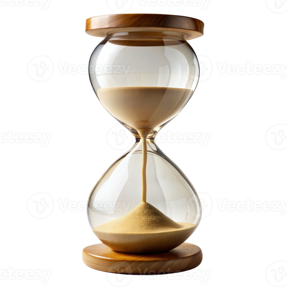 An hourglass with sand on a wooden stand, symbolizing the passage of time and the beauty of simplicity, on a transparent background. png