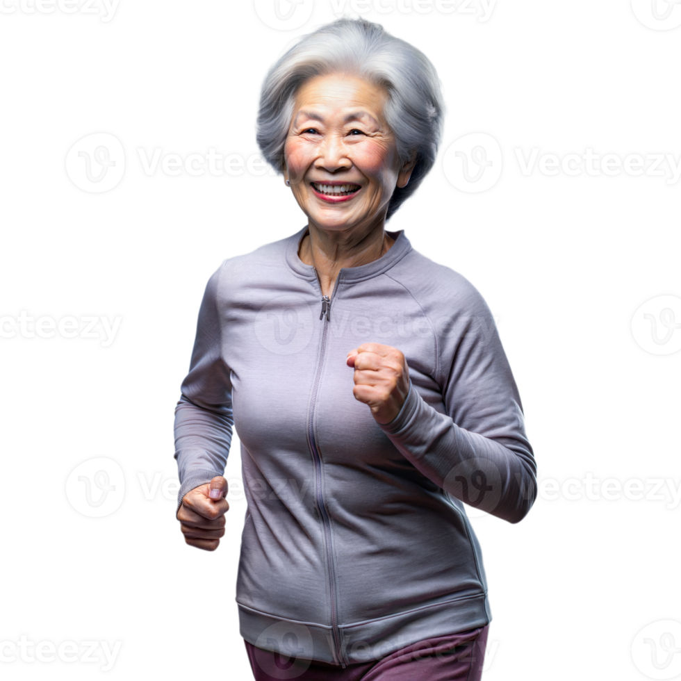 Asian woman running on a transparent background, showing her active lifestyle and determination. png