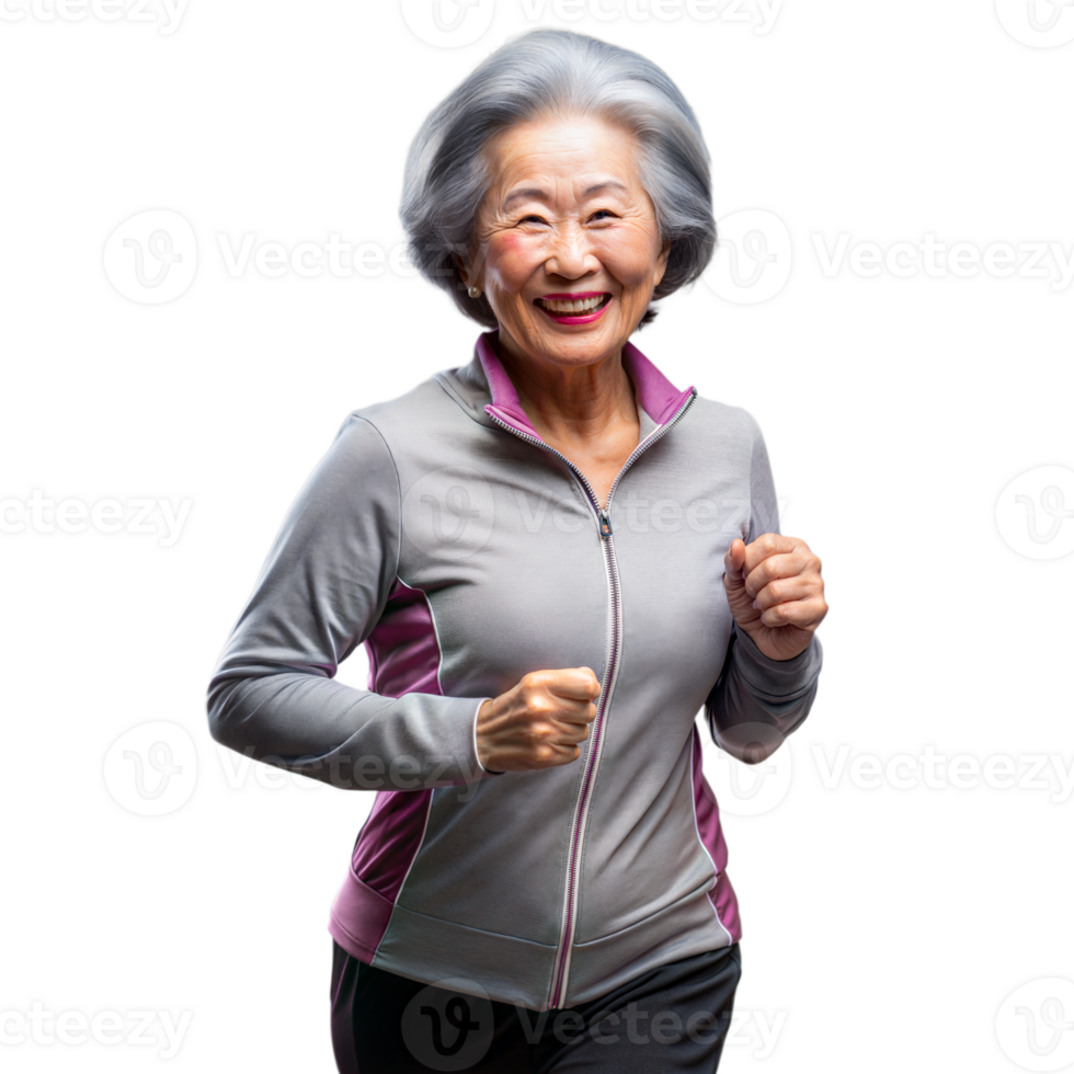 Asian woman running on a transparent background, showing her active lifestyle and determination. png
