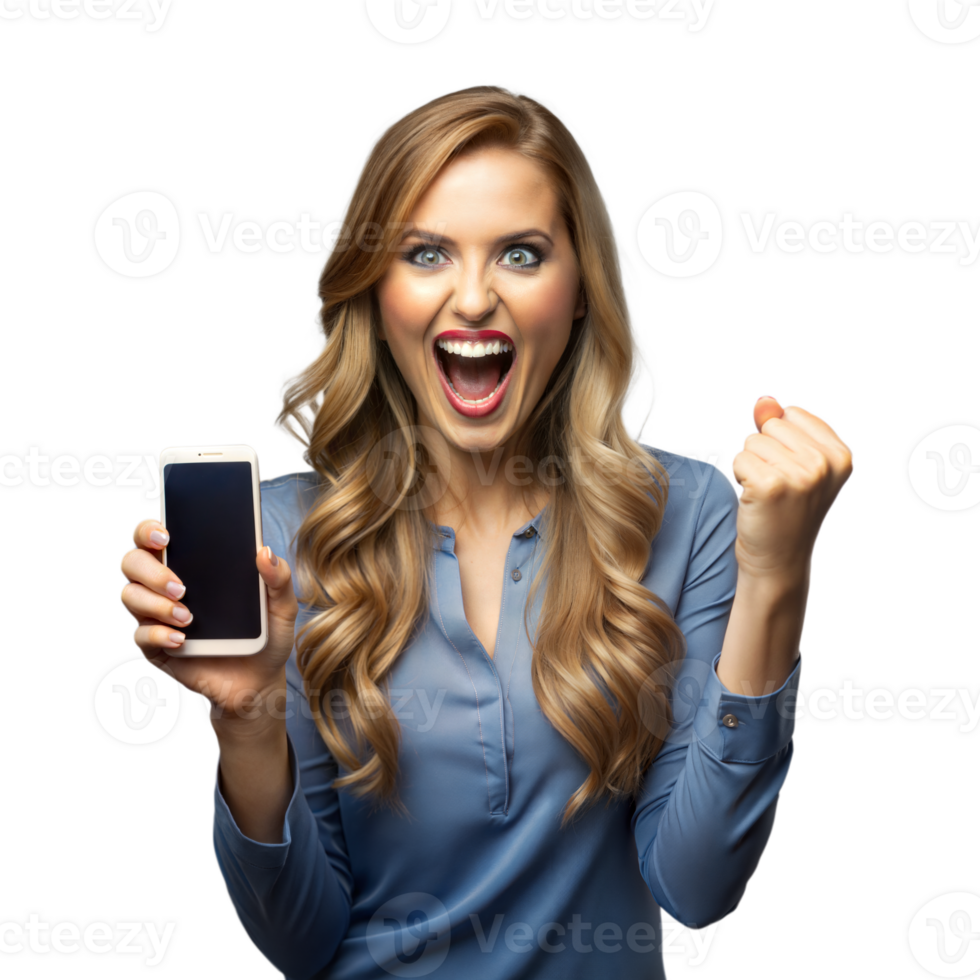 Woman holding smartphone with surprised expression on transparent background. png