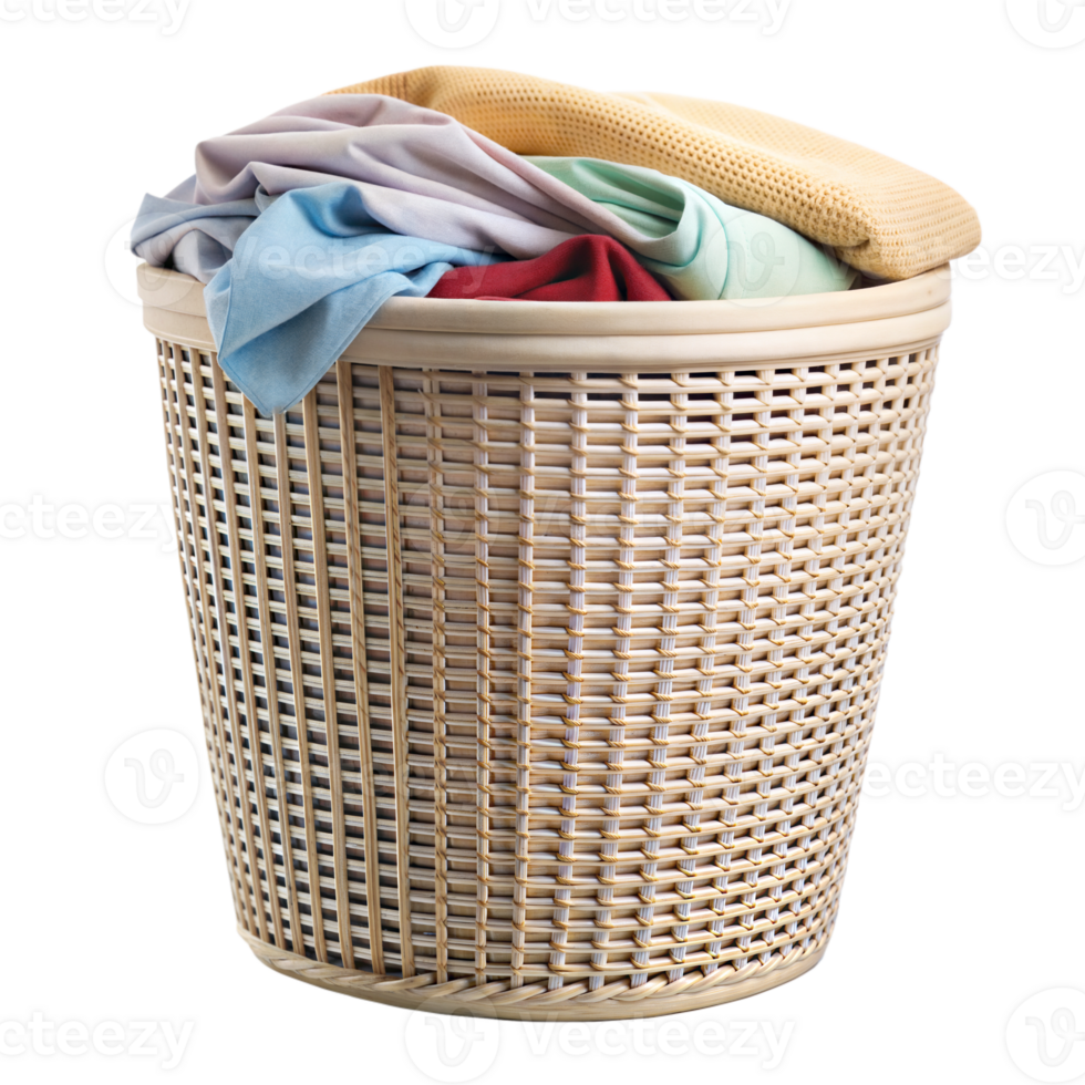 A laundry basket overflowing with various clothes on a transparent background. png