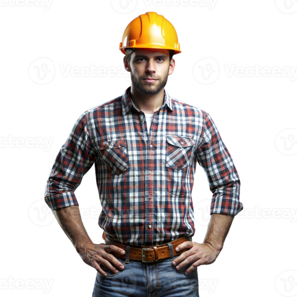 Confident Construction Worker in Hard Hat and Plaid Shirt png