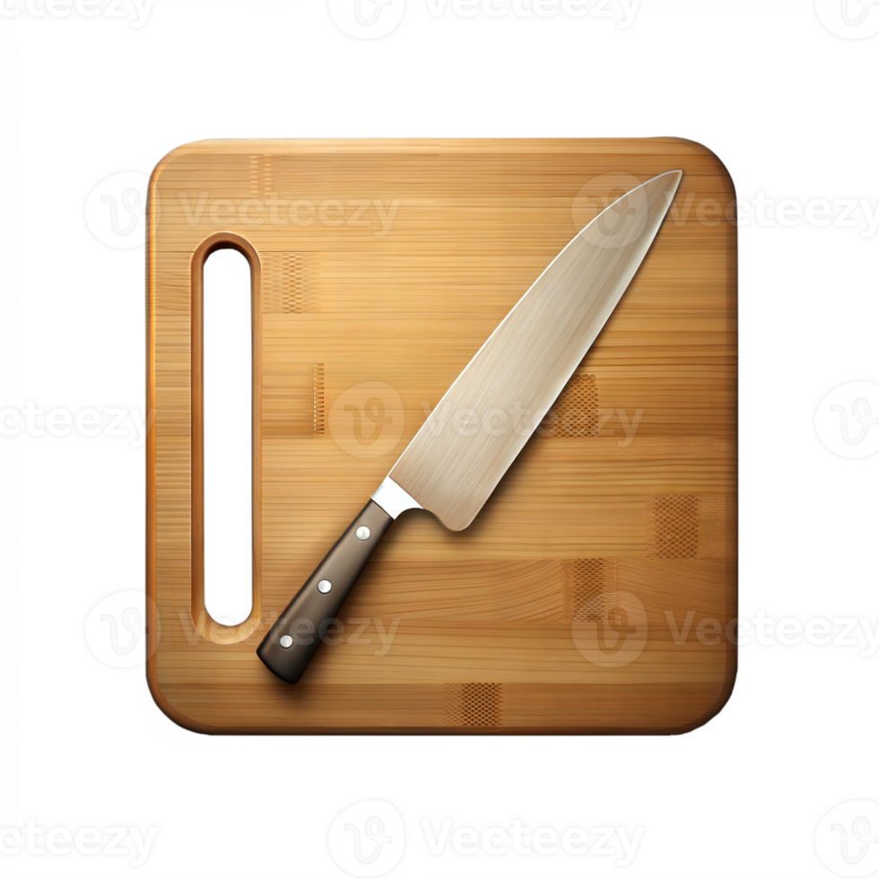 Chefs Knife on Wooden Cutting Board With Transparent Background png