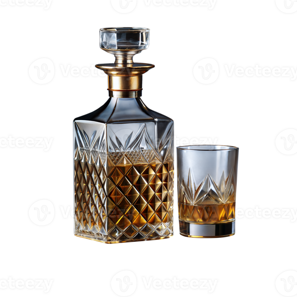 Crystal whiskey decanter and glass filled with amber liquid png
