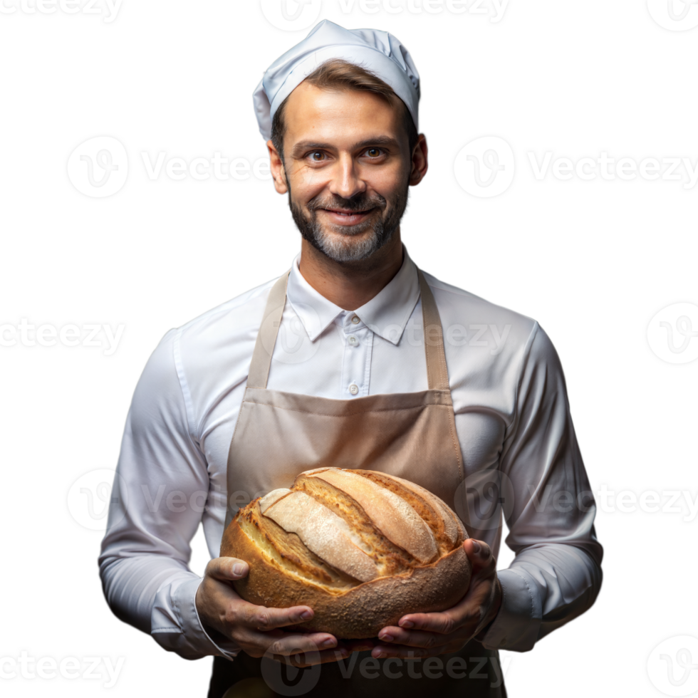 Smiling Baker Presenting Fresh Bread png