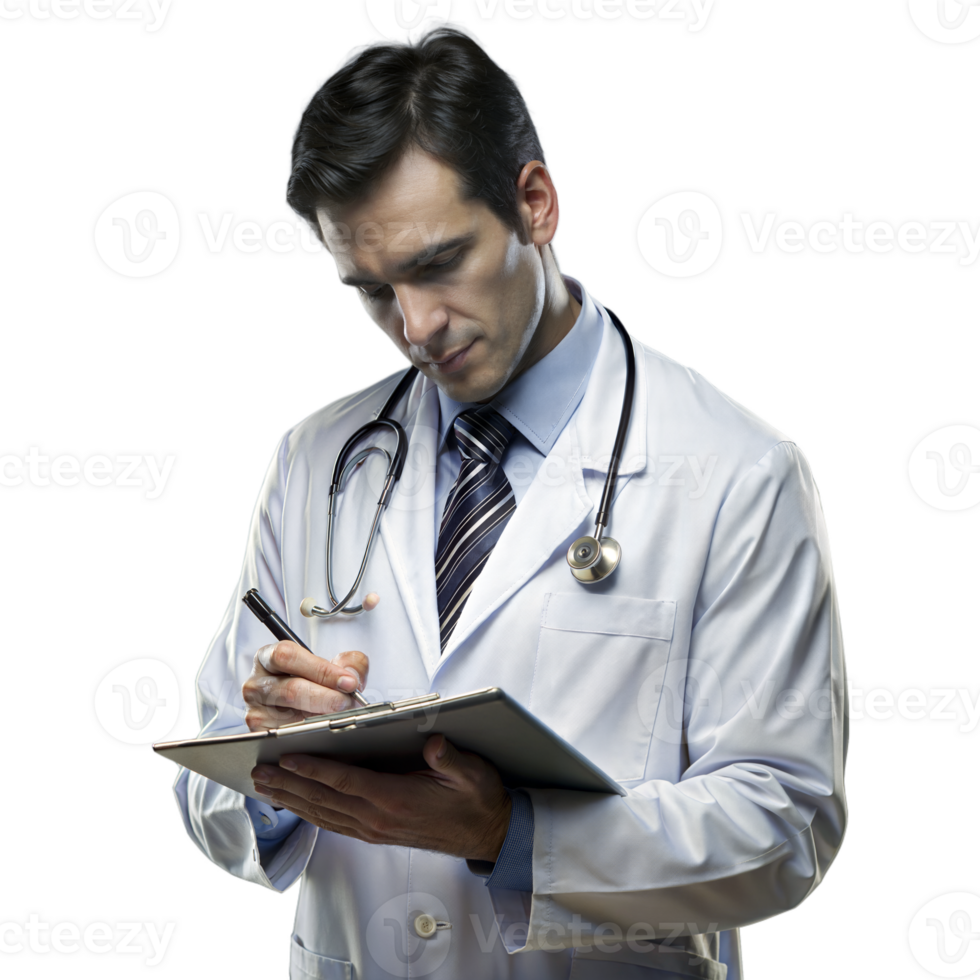 Concentrated Male Doctor Writing on Clipboard png