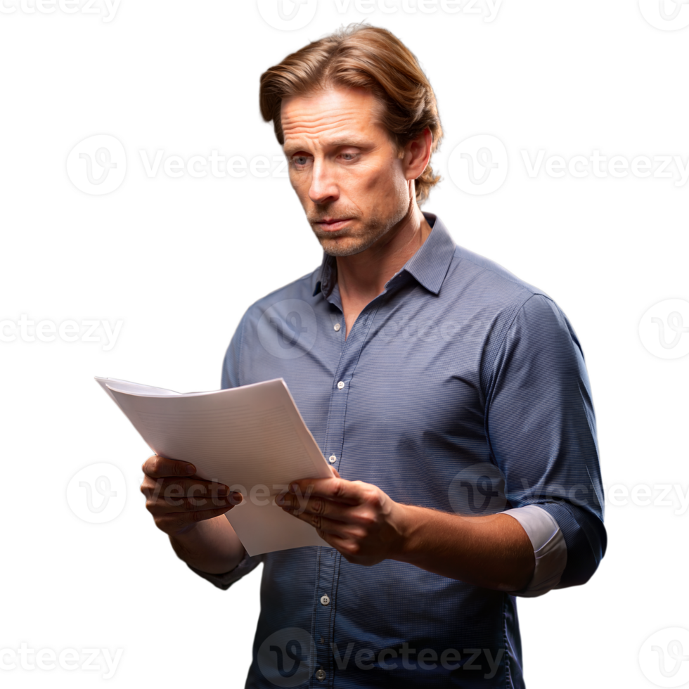 Pensive Man Reading Documents Against Transparent Background png