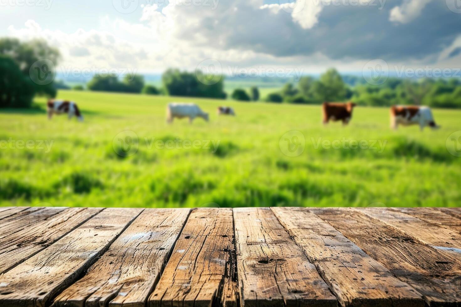 AI generated empty wooden table on cow grass land photo