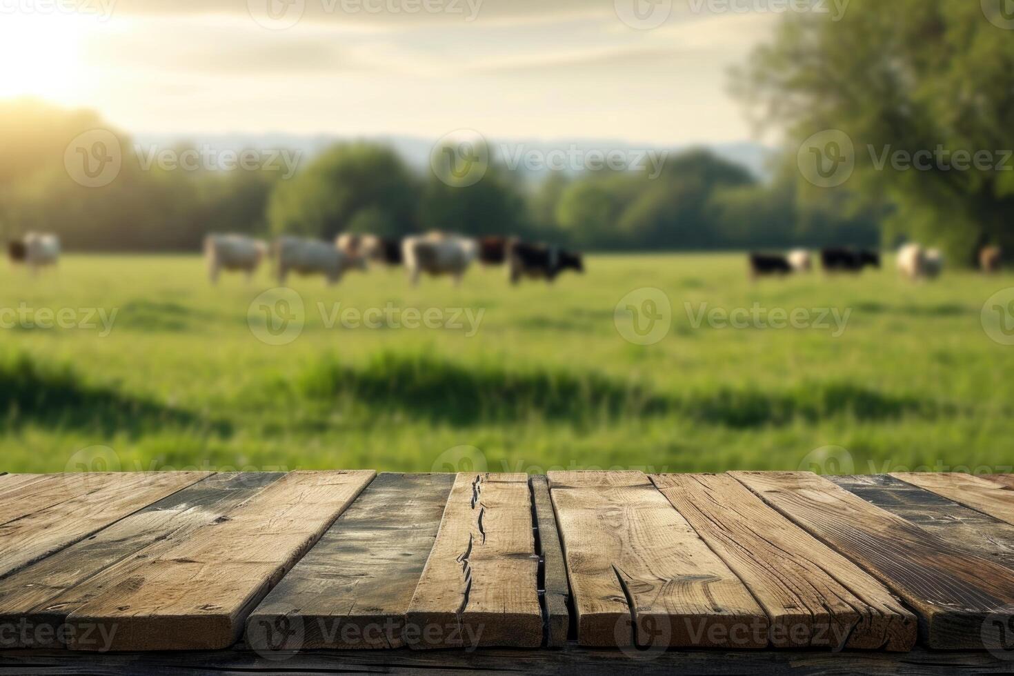 AI generated empty wooden table on cow grass land photo