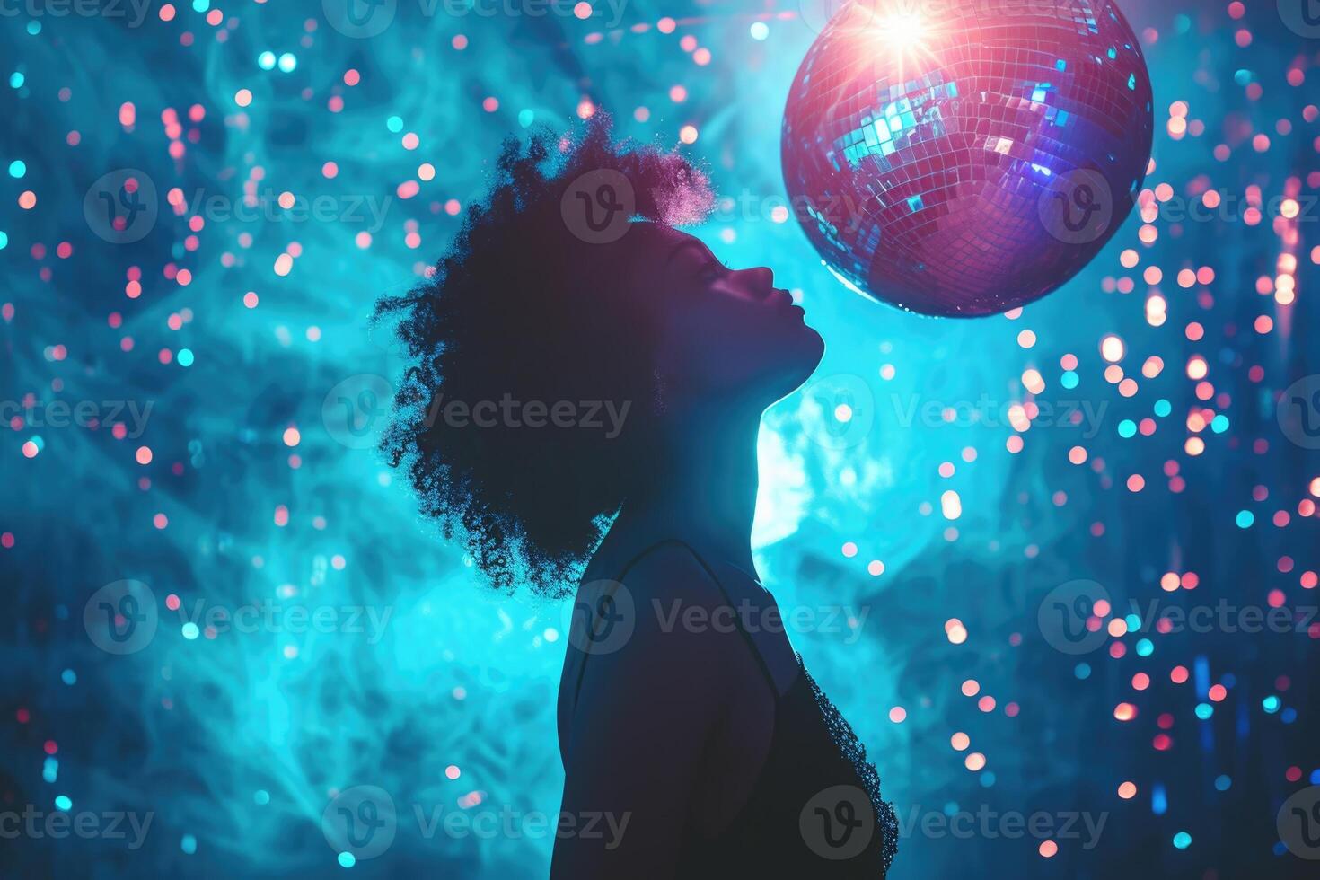 AI generated active lady dancing under disco background photo