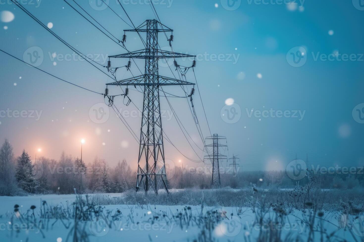 AI generated electricity pylon on snow feild photo