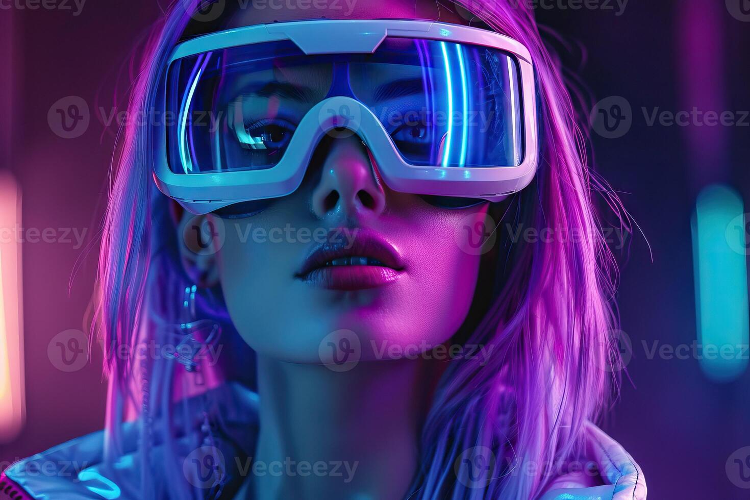 AI generated Futuristic woman with purple hair in virtual reality glasses. photo