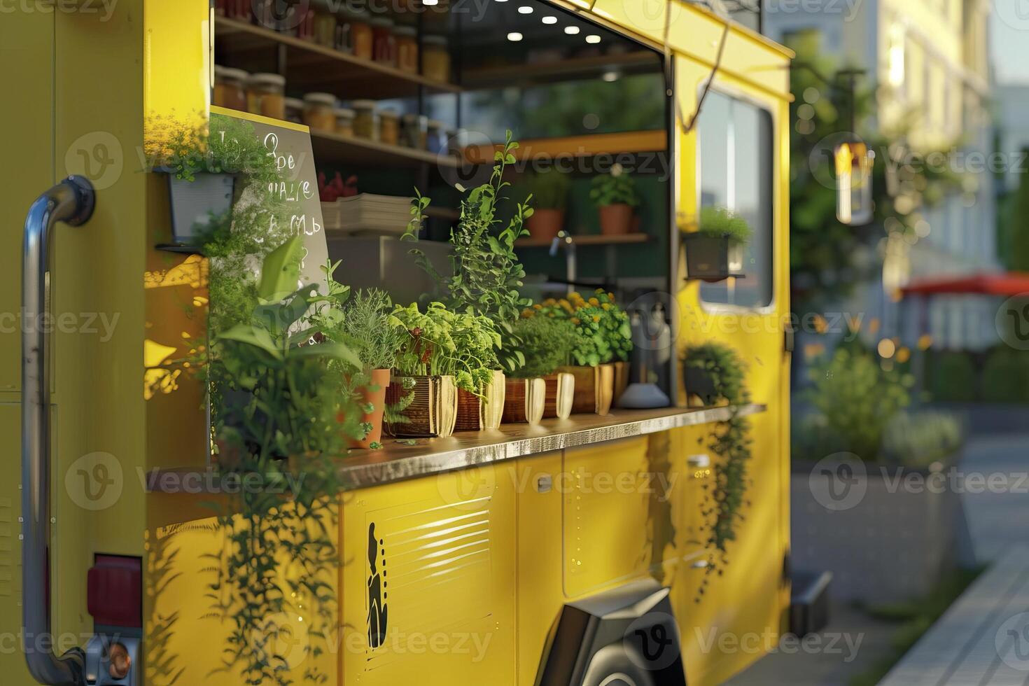 AI generated Close up view of food truck with special offer board and herbs photo