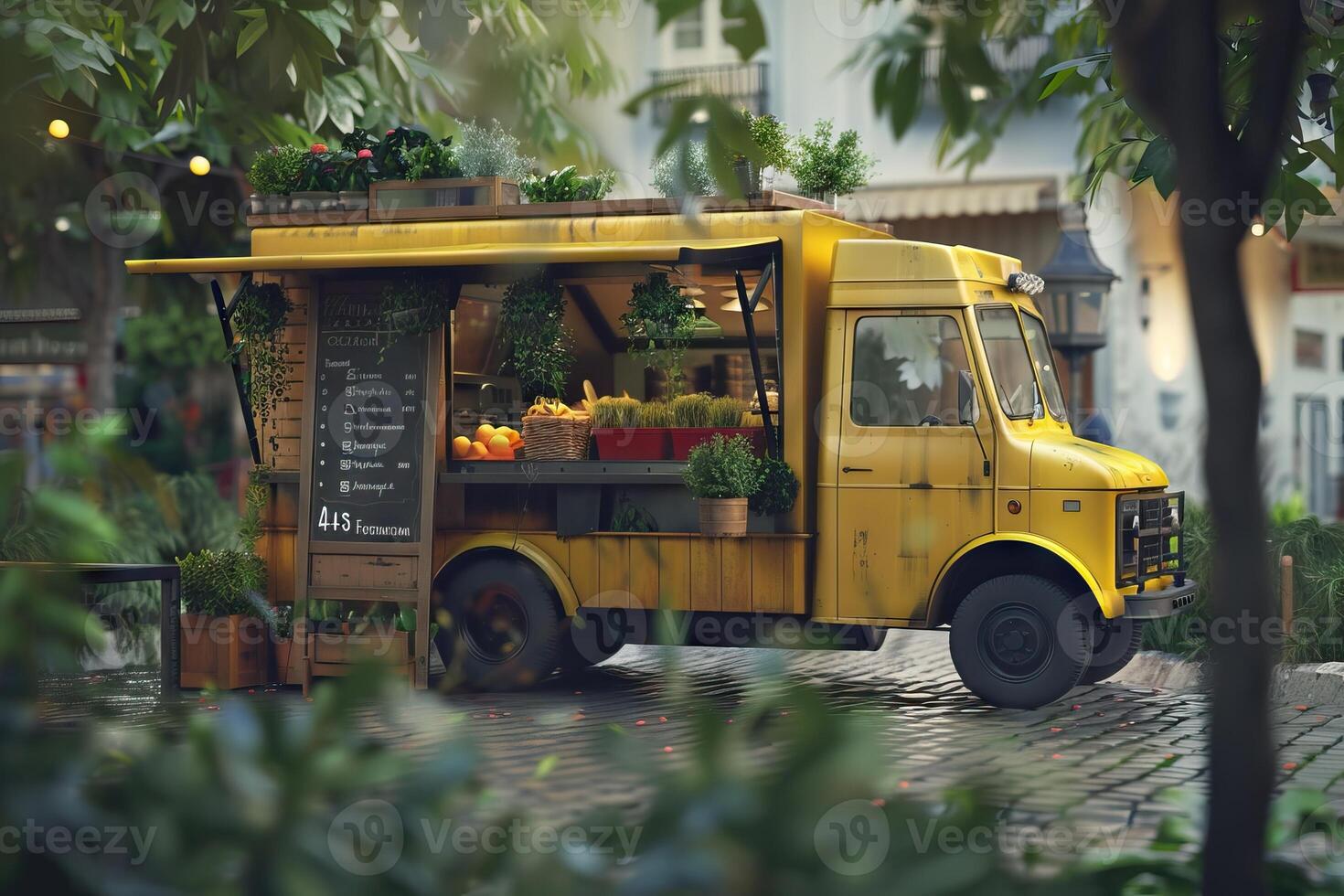 AI generated Close up view of food truck with special offer board and herbs photo