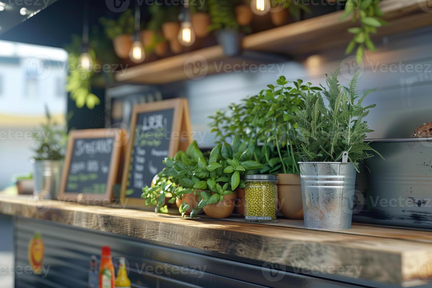 AI generated Close up view of food truck with special offer board and herbs photo