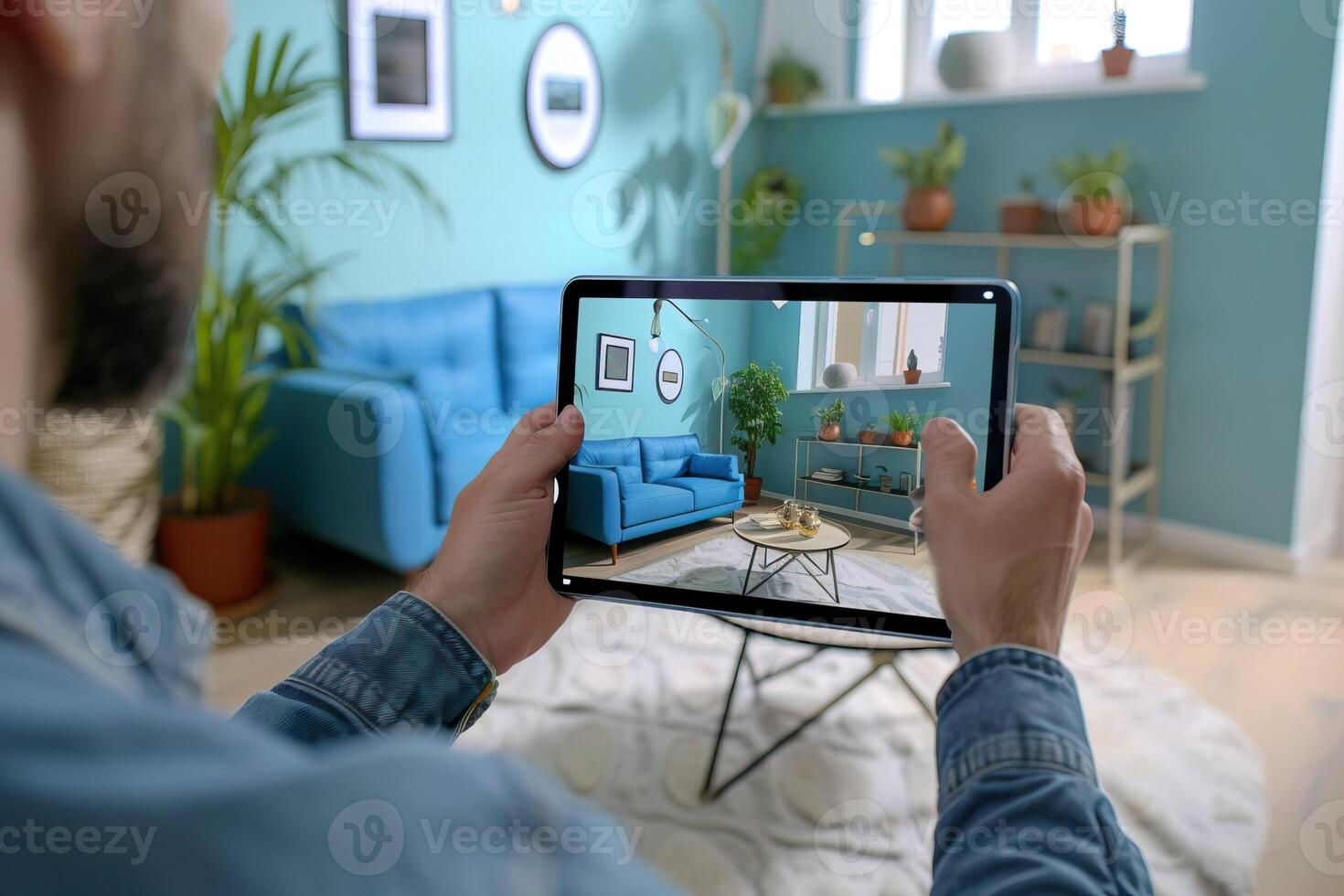 AI generated Young couple uses AR software to choose furniture for apartment. photo