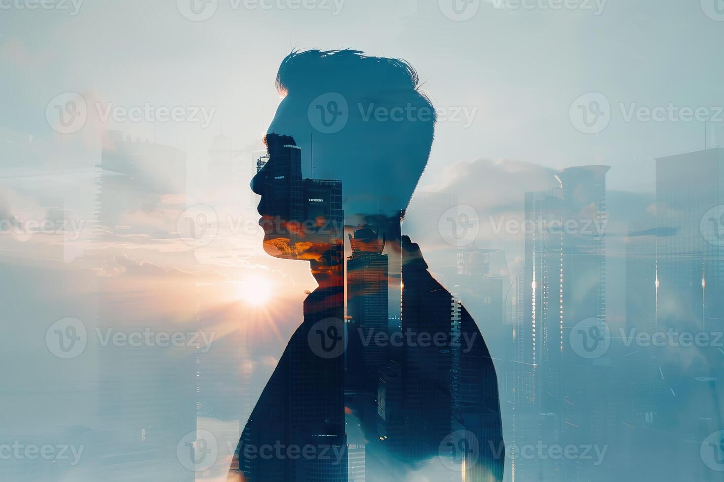 AI generated Double exposure with businessman silhouette. With special lighting effects photo