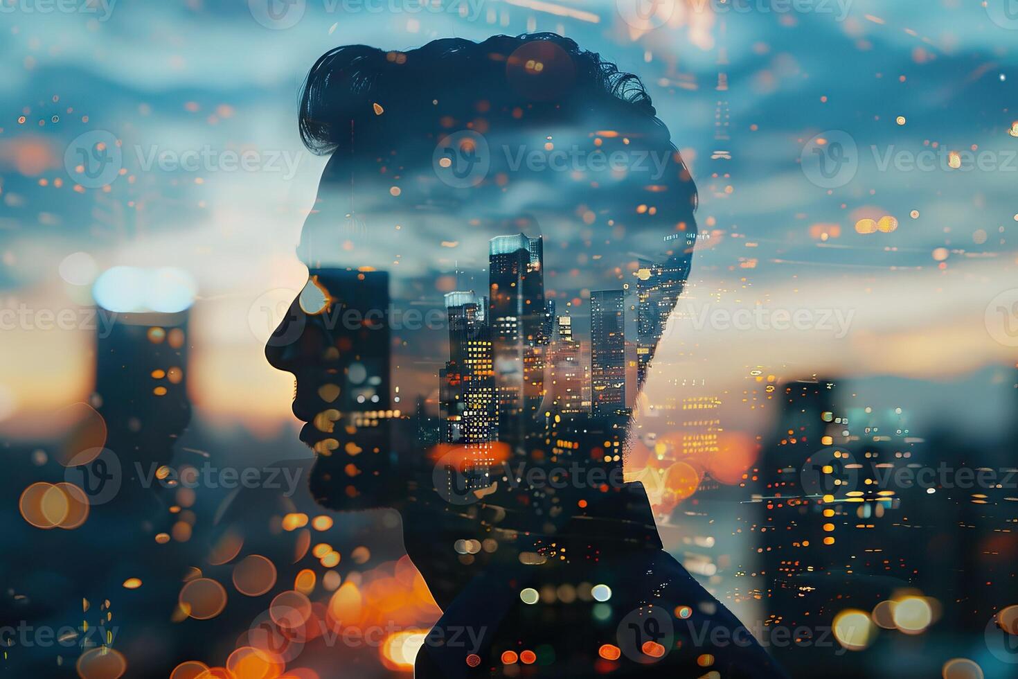 AI generated Double exposure with businessman silhouette. With special lighting effects photo