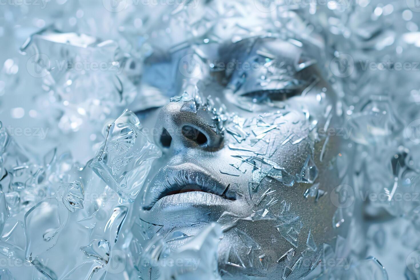 AI generated Female face covered in glass ice silicone gel visual effects. photo