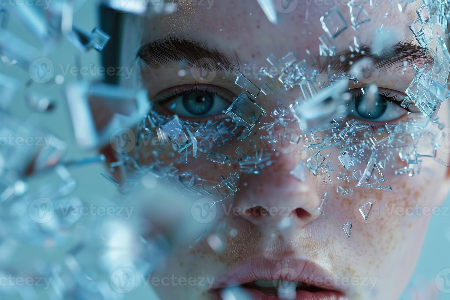 ai generado hembra cara cubierto en vaso hielo silicona gel visual efectos foto