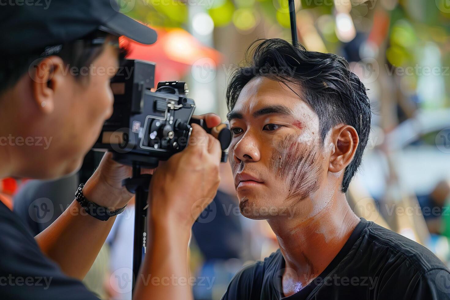 AI generated Makeup artist applying bruise makeup on actor during shoot. photo